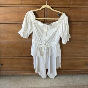 White high low off the shoulder button up